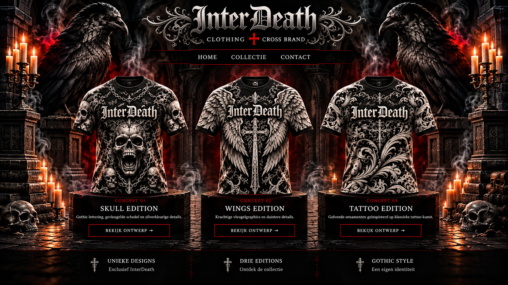 InterDeath gothic collectie met raven, kaarsen en drie shirtmodellen: Skull, Wings en Tattoo Edition